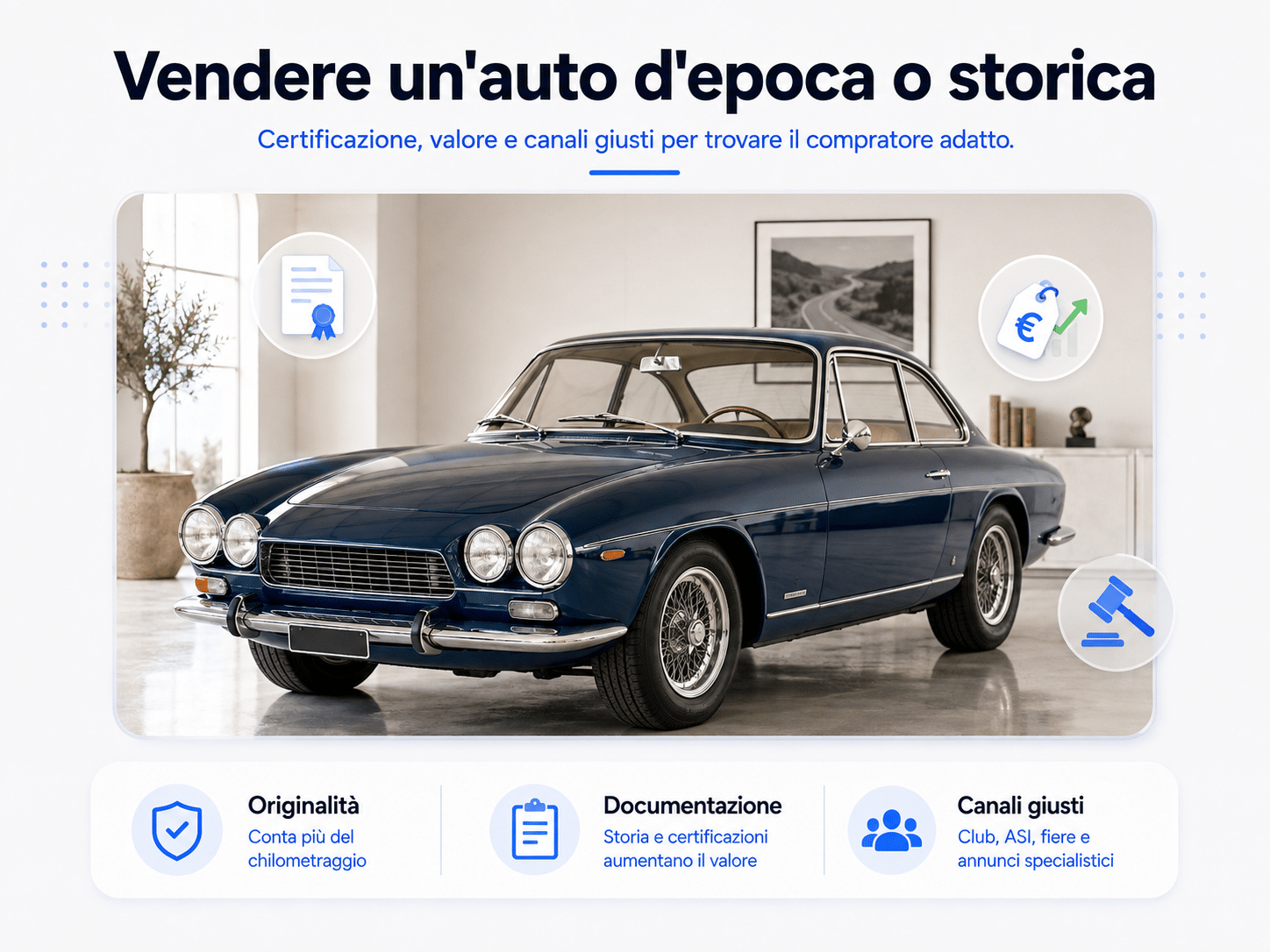 Auto d’epoca con riferimenti a certificazione, valore e canali specializzati per la vendita di un veicolo storico.