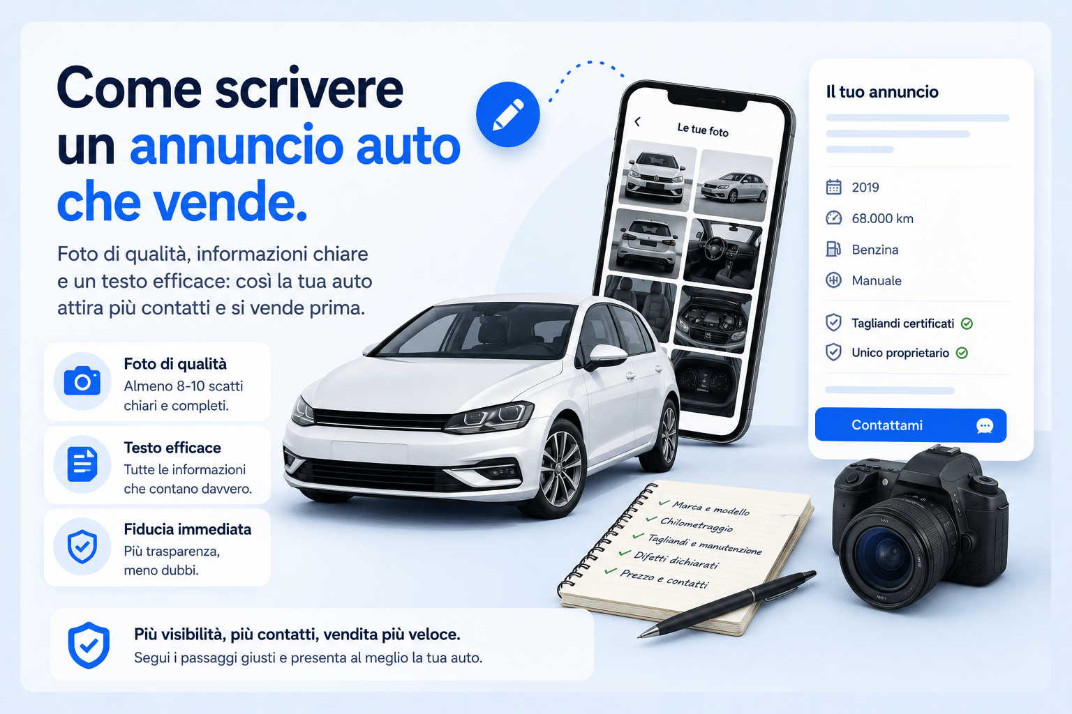 Auto usata con smartphone, foto del veicolo e scheda annuncio completa, per mostrare come creare un annuncio efficace e ottenere più contatti.