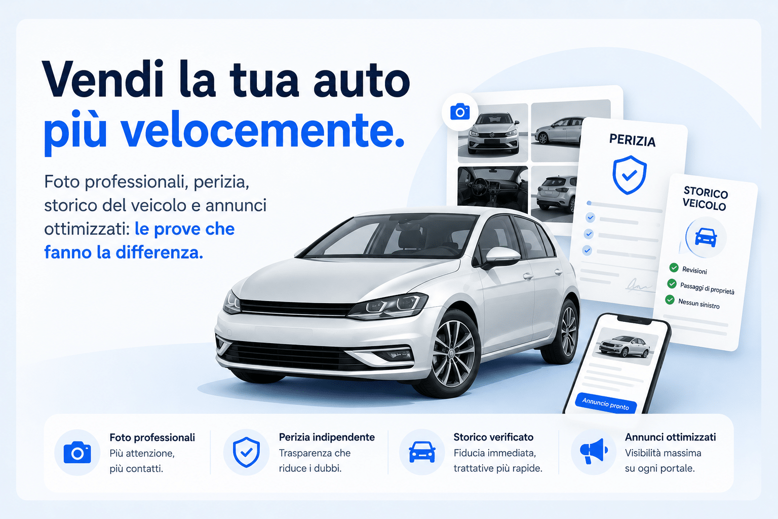 Auto usata affiancata da foto professionali, perizia, storico del veicolo e annuncio ottimizzato per aumentare fiducia e velocizzare la vendita.